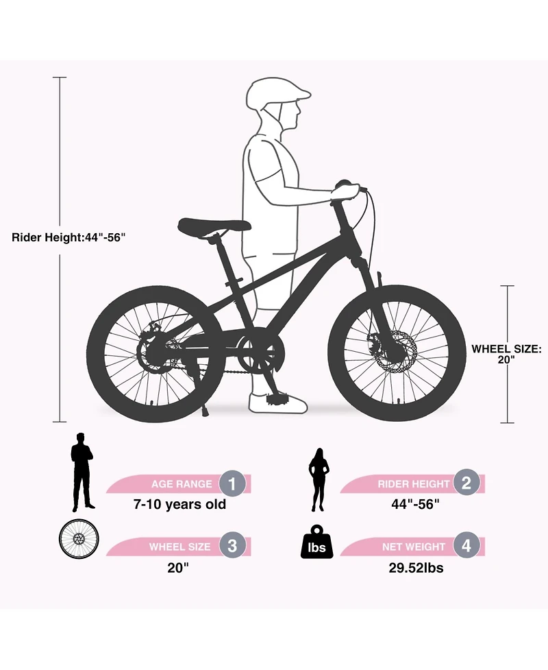 ECHTPeak 20 Inch Kids Mountain Bike, with Dual Disc Brakes, for Boys Girls Ages 7-10 Years, Steel Frame, Adjustable Seat and Handlebar