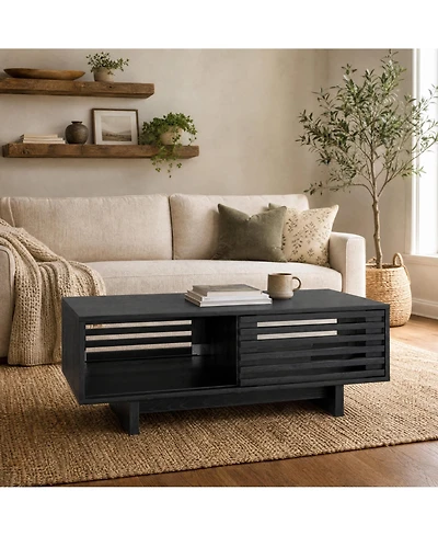 homfan 39 Inch Coffee Table Wood Slatted Sliding Door with 2-Tier Open Shelf Storage Walnut Finish Center for Living Room Home Decor