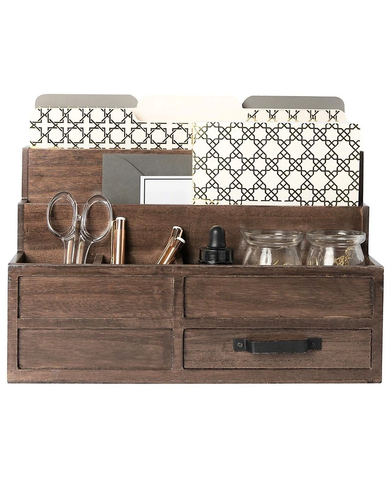 Danrong Rustic Wood Desktop Mail Organizer With Drawer Pen Holder
