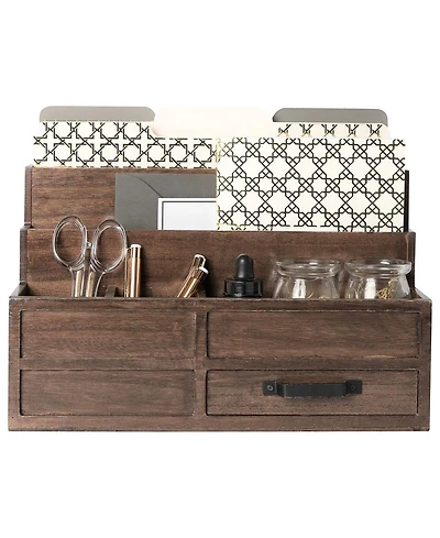 Danrong Rustic Wood Desktop Mail Organizer With Drawer Pen Holder