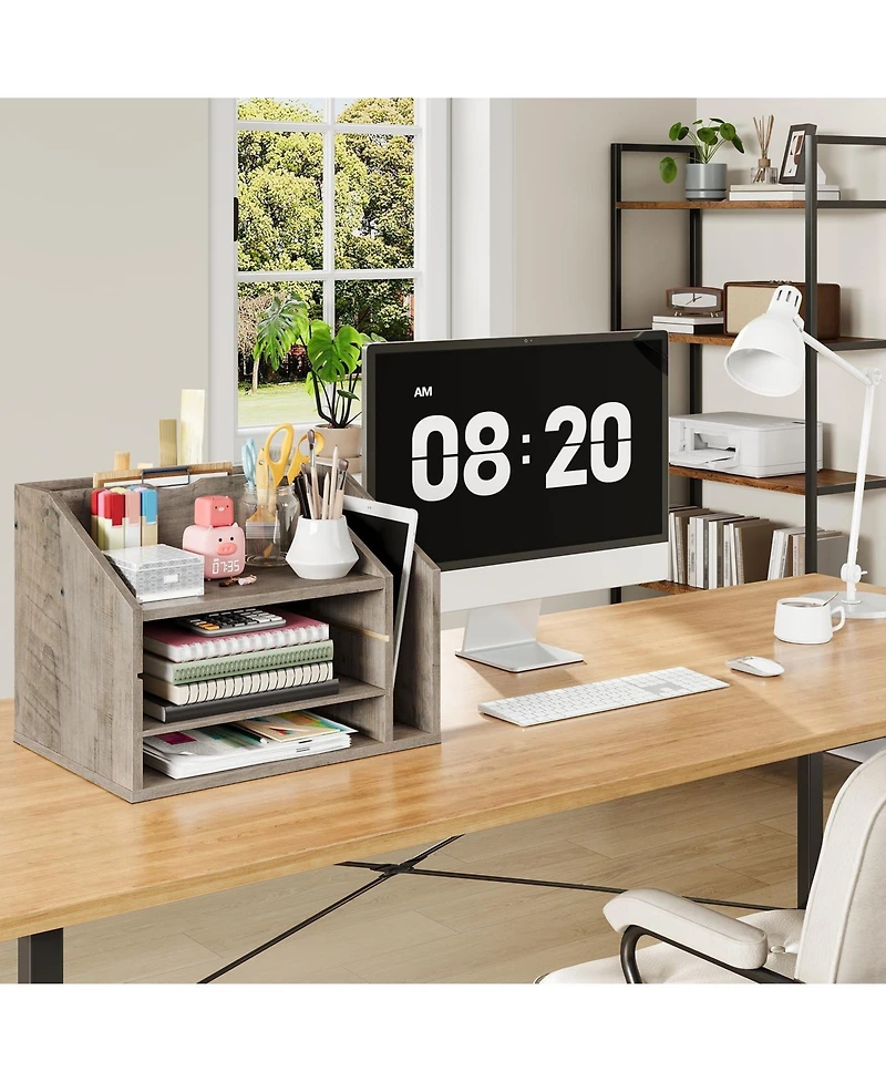 Danrong Rustic Brown Wooden Desk Organizer Adjustable Partitions Multi Layer Desktop File Holder