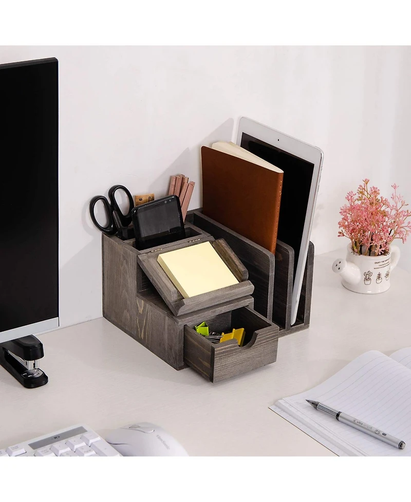 Danrong Rustic Wood Desk Organizer With Drawer Office Storage Sorter