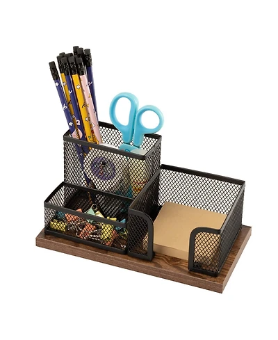 Danrong Antique Wood Mesh Desk Organizer 3 Compartment Pen Holder
