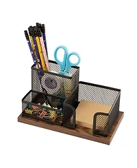 Danrong Antique Wood Mesh Desk Organizer 3 Compartment Pen Holder