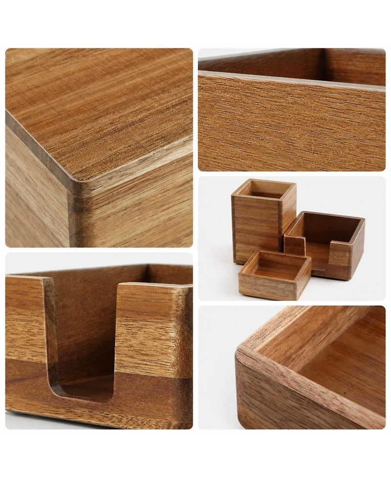 Danrong Natural Wood Desk Organizer Set Pen Holder Clip Holder Sticky Note Holder