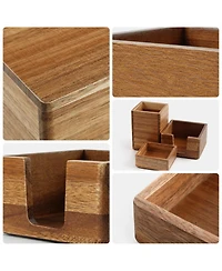 Danrong Natural Wood Desk Organizer Set Pen Holder Clip Holder Sticky Note Holder
