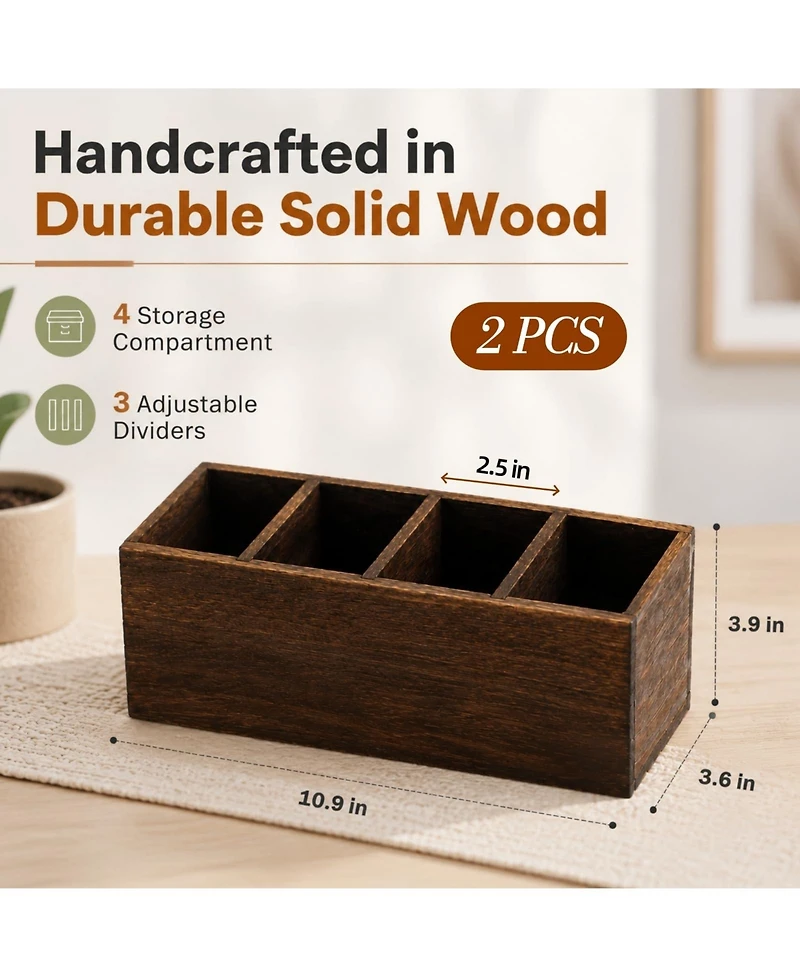Danrong 2 Pack Rustic Wooden Desk Organizer 4 Compartments Pen Holder For Home Office School