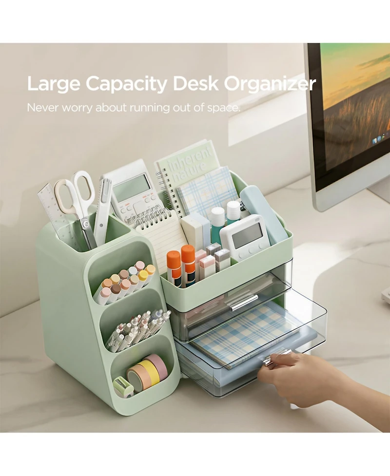 Danrong White Desk Organizer With Pen Holder 2 Drawers 4 Compartments Desktop Storage For Office Home School Art Supplies