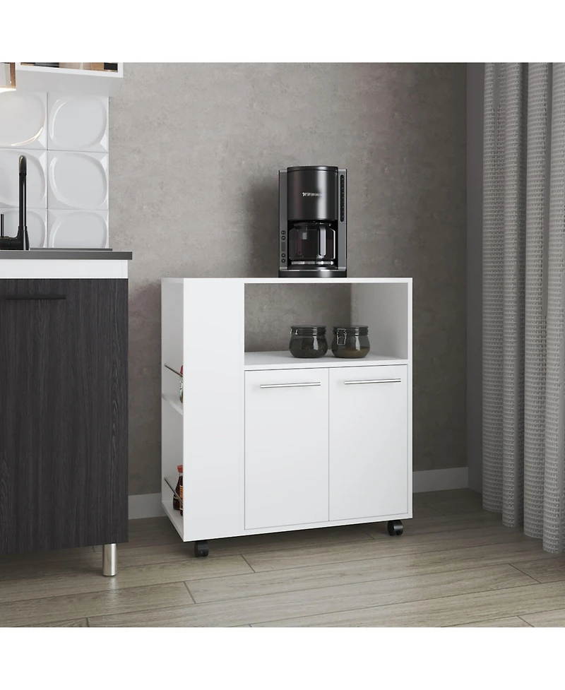 Fm Furniture Linden Kitchen Cart with Microwave Shelf, Open Storage, and Two-Door Cabinet
