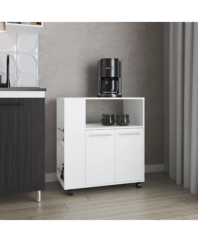 Fm Furniture Linden Kitchen Cart with Microwave Shelf, Open Storage, and Two-Door Cabinet