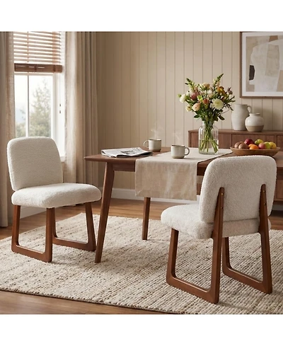Flynama Set of 2 Boucle Fabric Dining Chairs, Curved Wood Leg Multi-Material Frame 300lbs Capacity