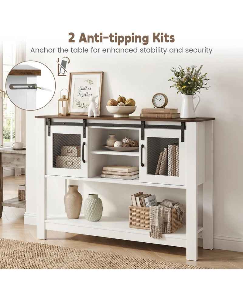 Sugift Farmhouse Console Table with Sliding Barn Doors and 4 Storage Compartments