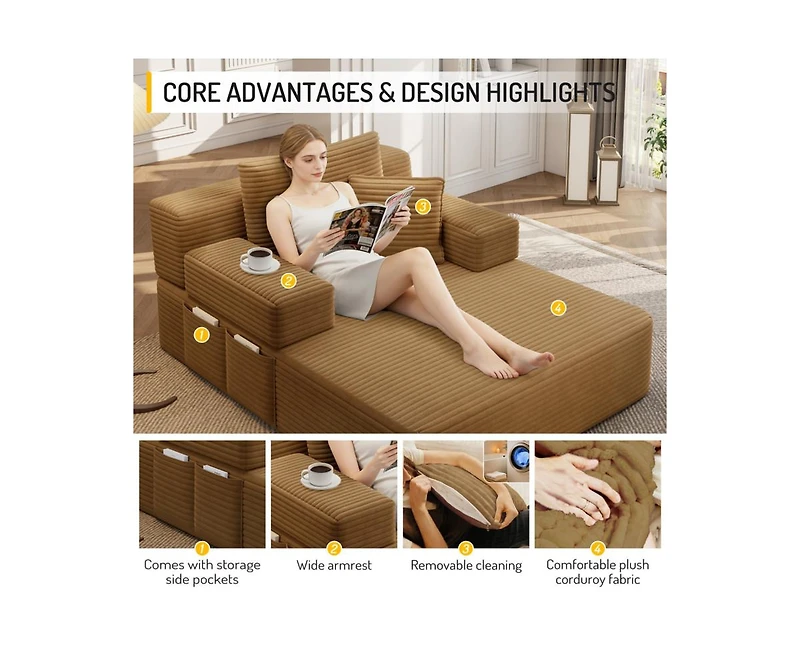 Rainsken Convertible Corduroy Sleeper Sofa with Removable Washable Cover,Side Storage High-Density Sponge,Side for Apartment Home,Small Spaces