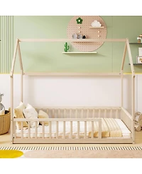 Streamdale Furniture Twin House Floor Bed with Roof and Guardrails