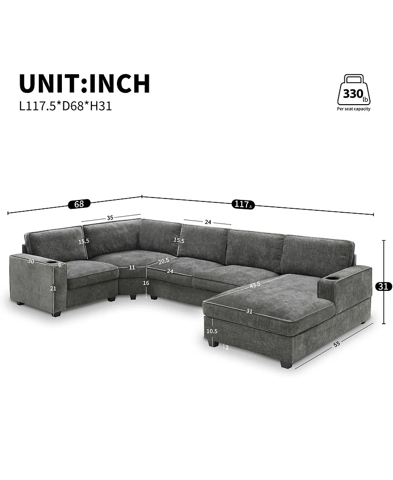 Streamdale Furniture 117.5" 6-Seat U-Shaped Chenille Sectional Sofa with Cup Holders and Chaise