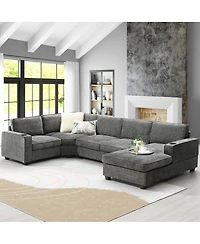Streamdale Furniture 117.5" 6-Seat U-Shaped Chenille Sectional Sofa with Cup Holders and Chaise