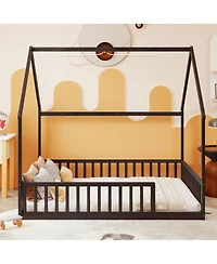 Streamdale Furniture Full Size House Floor Bed with Roof, Guardrails