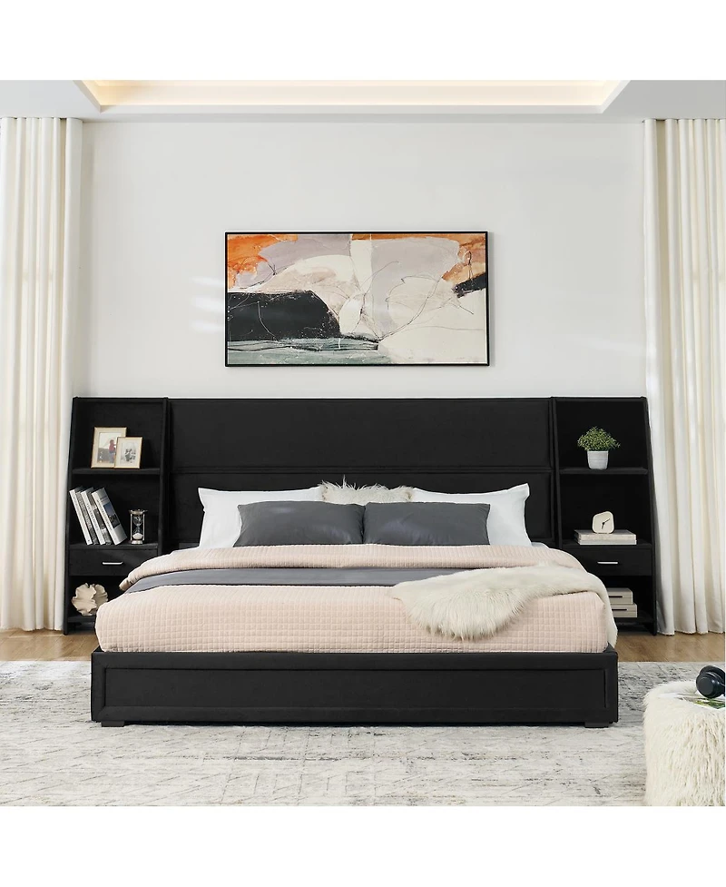 Streamdale Furniture King Size Velvet Storage Platform Bed with Bookcases and Drawer