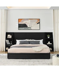 Streamdale Furniture King Size Velvet Storage Platform Bed with Bookcases and Drawer