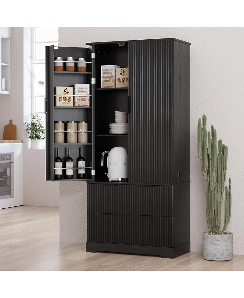 Streamdale Furniture 72" Fluted Kitchen Pantry Cabinet with 2 Drawers and Spice Rack