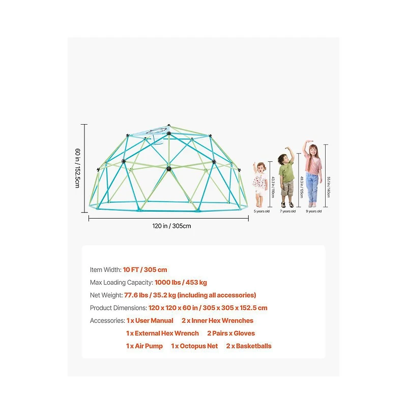 Slickblue 10 Ft Metal Geometric Kids' Climbing Dome with Octopus Net and 2 Basketballs, 1000 lbs Capacity, Ages 3-10