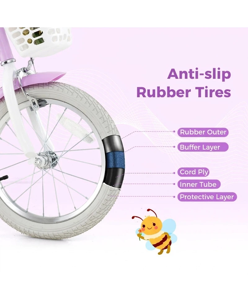 Hongge 16-Inch Girls Bike with Training Wheels, Dual Brake System and Doll Seat, Ages 4-7