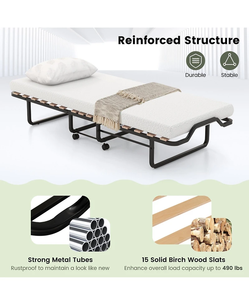 Mecale Twin Folding Rollaway Bed with 4 in Foam Mattress, Lockable Wheels