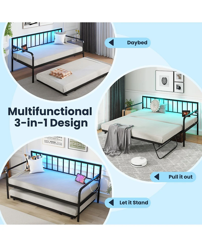 Mecale Twin Daybed with Pop-Up Trundle, Charging Station, Led Lights
