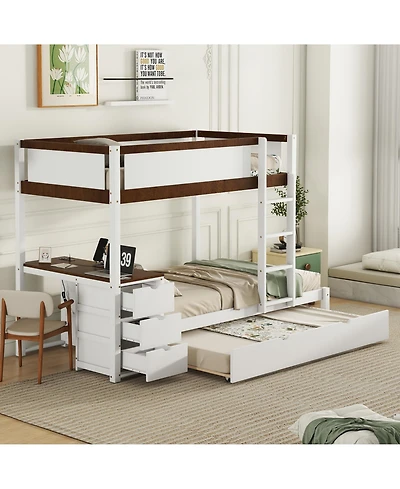 Clihome Twin-Over-Twin Bunk Bed with Twin size Trundle, Storage and Desk