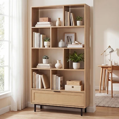 Sugift 64 Inch 6-Tier Tall Wooden Bookcase with 8 Open Cubes and Pull-Out Rattan Drawer
