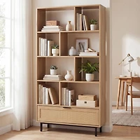 Sugift 64 Inch 6-Tier Tall Wooden Bookcase with 8 Open Cubes and Pull-Out Rattan Drawer