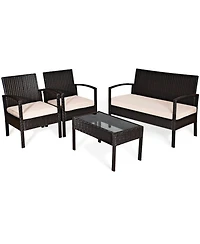 Sugift 4-Piece Patio Rattan Conversation Set with Loveseat 2 Chairs and Coffee Table