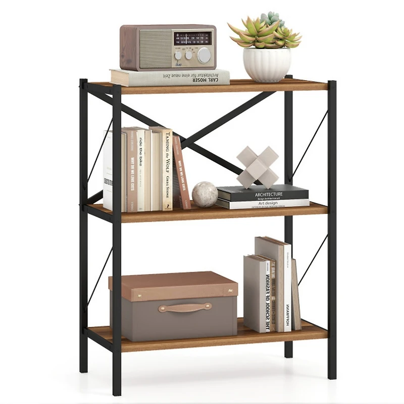 Sugift 3-Tier Open Bookshelf with Heavy-Duty X-Braced Metal Frame