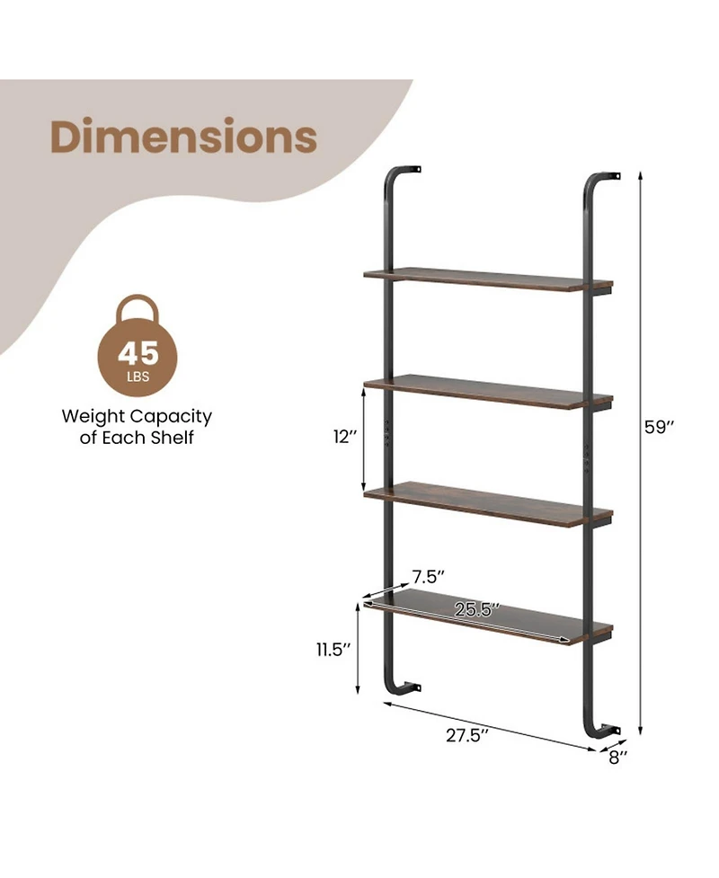 Sugift 4-Tier Wall-Mounted Industrial Pipe Shelving with Metal Frame for Living Room and Kitchen