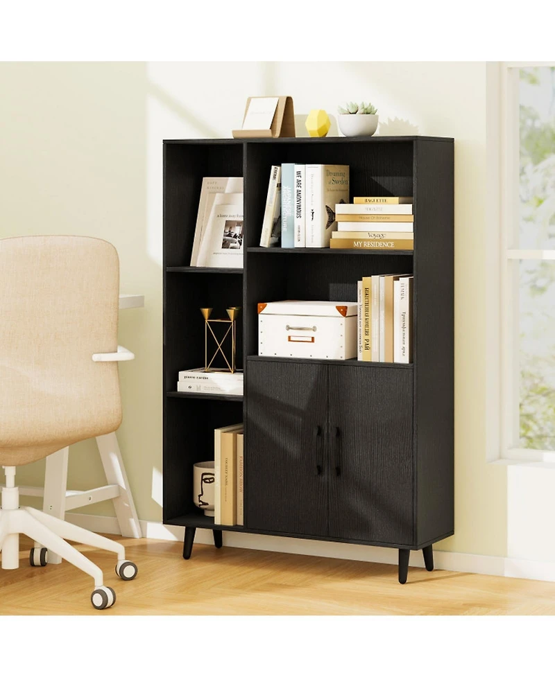Sugift 47 Inch Floor Bookshelf with 5 Open Compartments and 2-Door Storage Cabinet