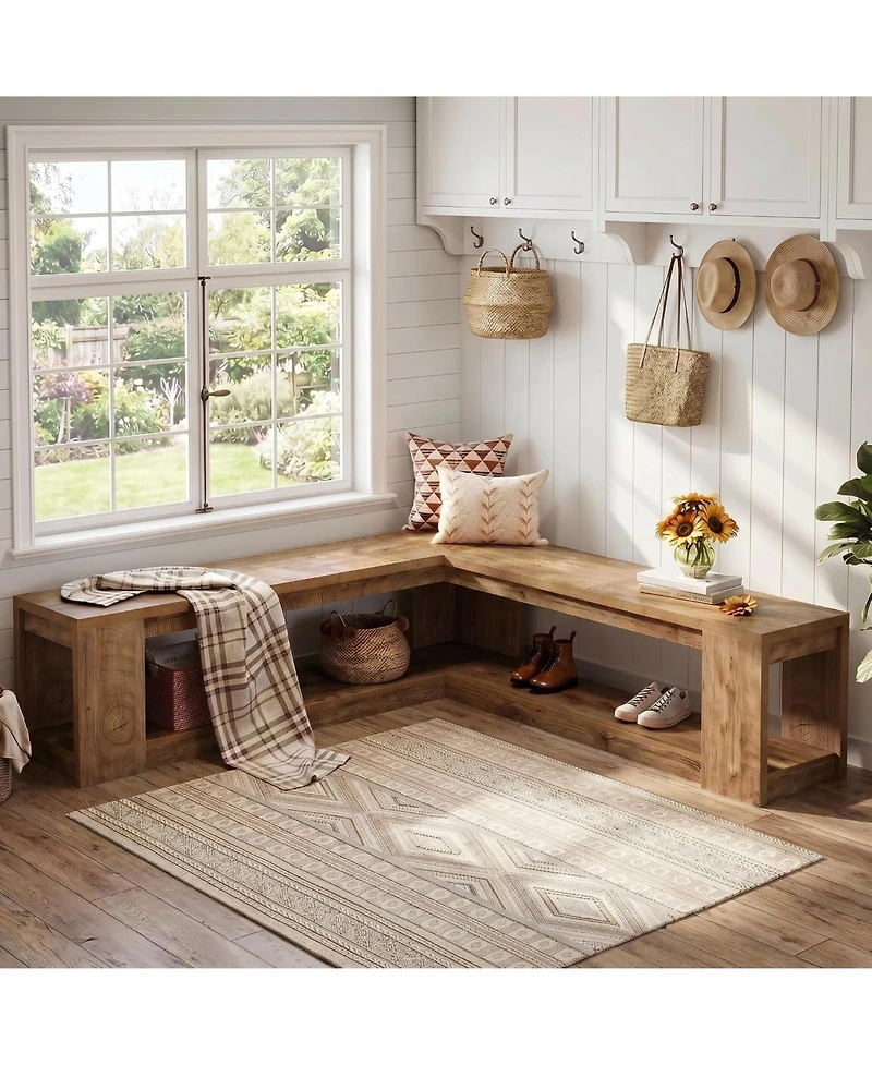 Tribesigns L-Shaped Corner Bench:61" breakfast nook bench with storage.Farmhouse wooden dining bench with shelf for living room,entryway. Backless
