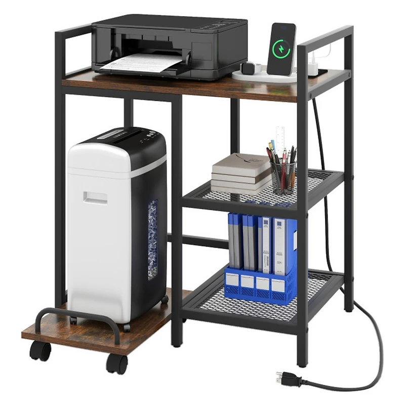 Sugift Rolling Printer Stand with Charging Station and 2-Tier Mesh Storage Shelves