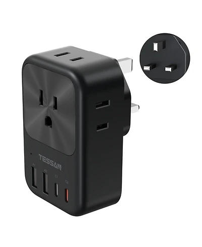 Tessan 8-in-1 Us to Uk Travel Adapter, 4 Ac Outlets + 4 Usb Ports, 20W Usb-c, Type G Plug for Uk, Ireland and Dubai Travel