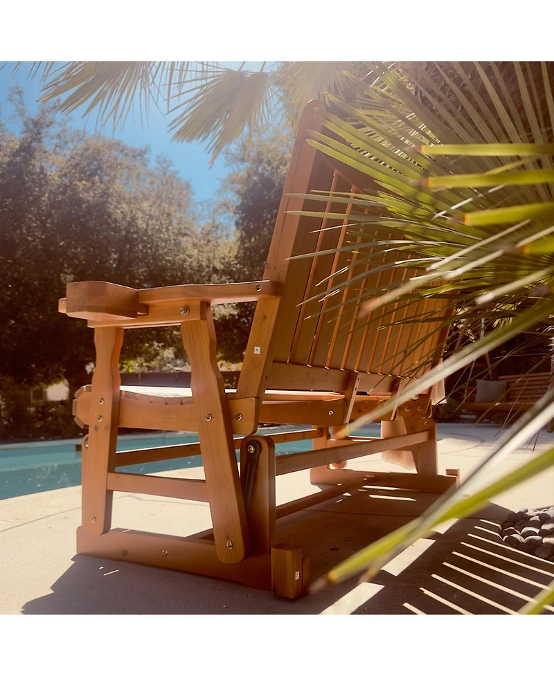 Innovaze 3 Seater Outdoor Wooden Glider Chair, Contoured Patio Bench with Built In Cup Holders for Comfortable Porch and Backyard Relaxation