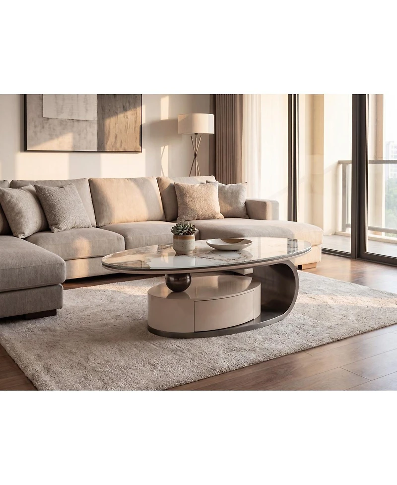Streamdale Furniture Modern Marble Glass Oval Coffee Table with Drawer and Storage