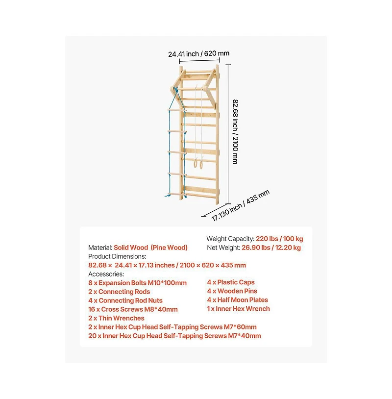 Slickblue 4 in 1 Swedish Ladder Wall Gym with Gym Rings and Pull Up Bar