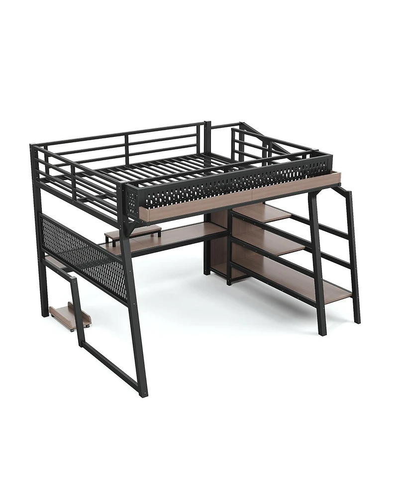 Streamdale Furniture Queen Loft Bed with Storage Stairs, Wardrobe, Led Lights and Usb