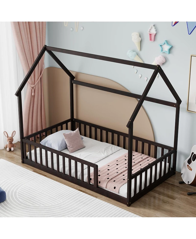 Streamdale Furniture Twin Wood House Floor Bed with Guardrails