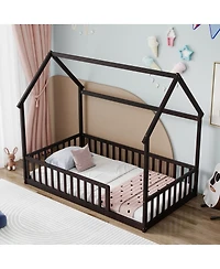 Streamdale Furniture Twin Wood House Floor Bed with Guardrails