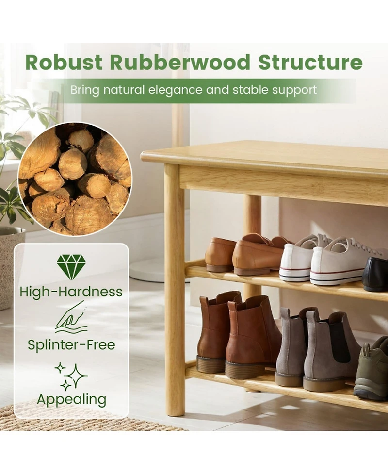 Sugift 3-Tier Rubberwood Shoe Rack Bench with Slatted Shelves and 485 Pound Seat