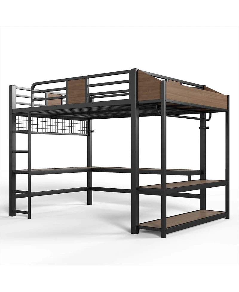 Streamdale Furniture Queen Loft Bed with L-Shaped Desk, Shelves, Lights, and Usb Ports