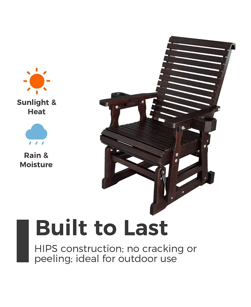 Mega Casa Solid Wood Outdoor Glider Chair, All-Weather High Back Patio Rocker with Dual Cup Holders