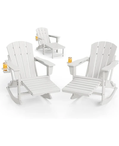 homfan Set of 2 Adirondack Rocking Chairs with Ottoman, Weather-Resistant Hdpe Patio Rockers with Cup Holders, Folding Outdoor Chairs.