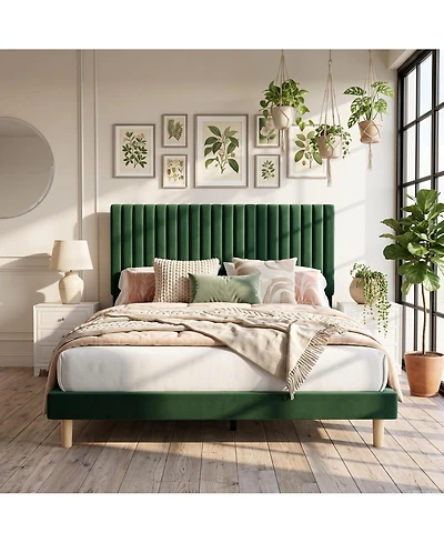 Gaomon Velvet Upholstered Platform Bed Frame with Adjustable Headboard, Vertical Channel Tufted
