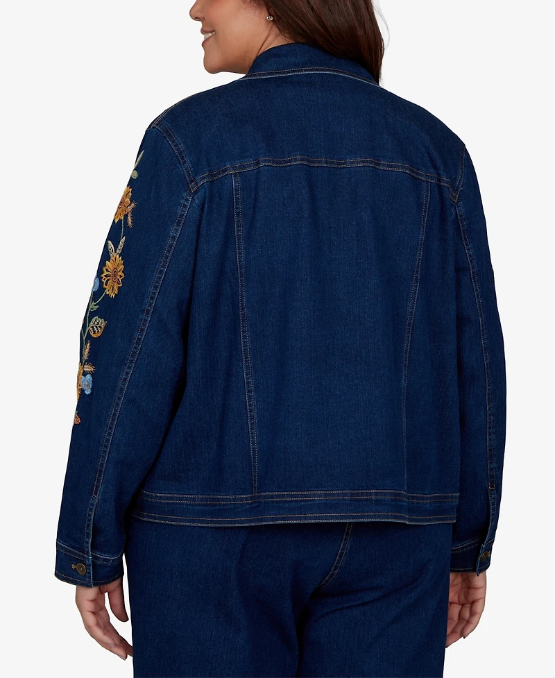 Alfred Dunner Plus Floral-Embroidered Denim Jacket